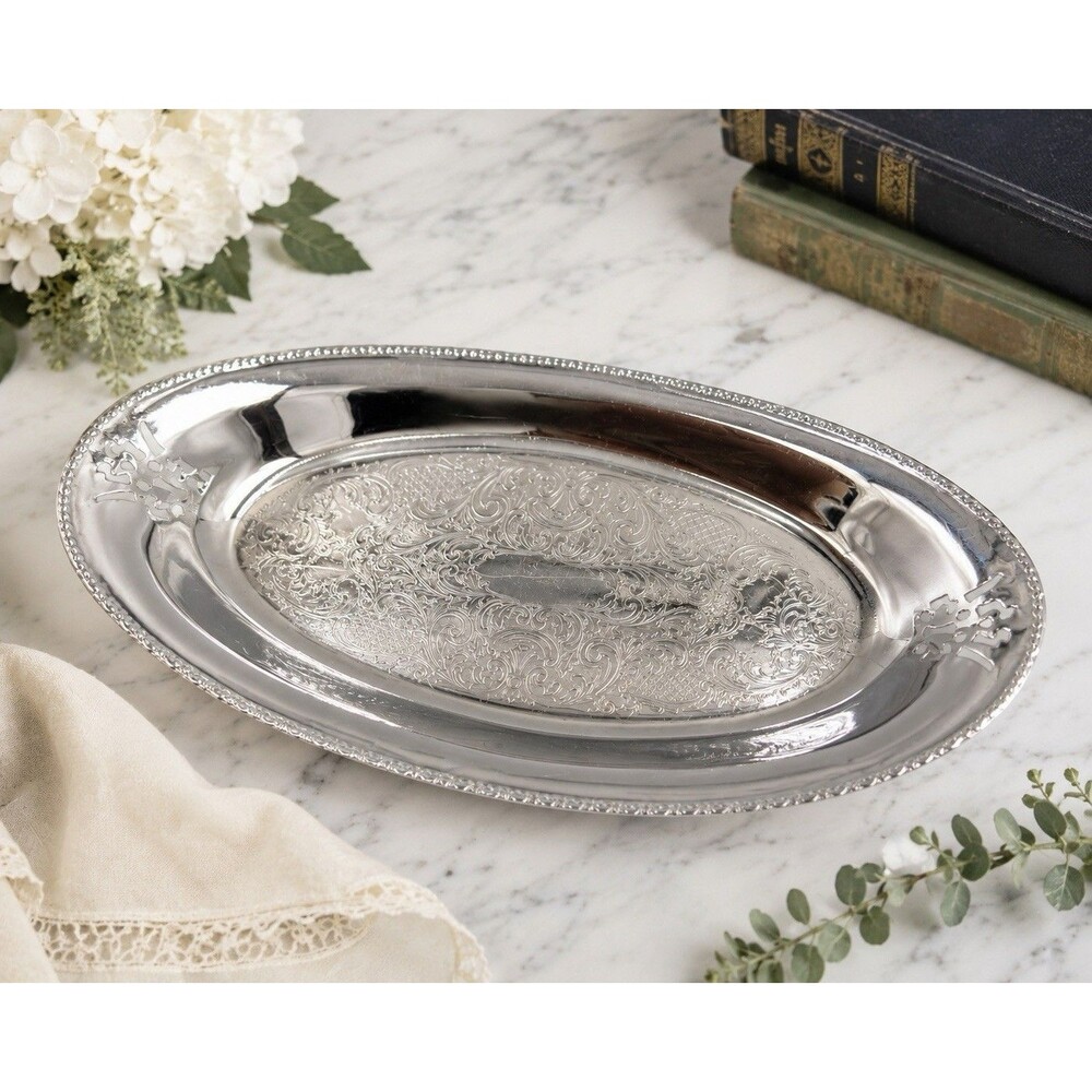 Vintage Krome Kraft Farber Bros Etched Chrome Serving Tray Oval 12” Mid Century